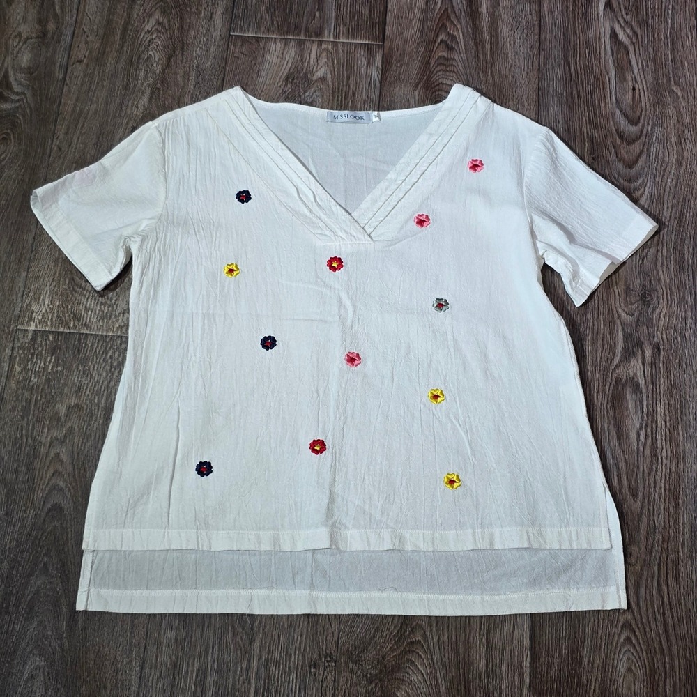 MISSlook White‎ Embroidered Floral Short Sleeve V Neck Top Women XL